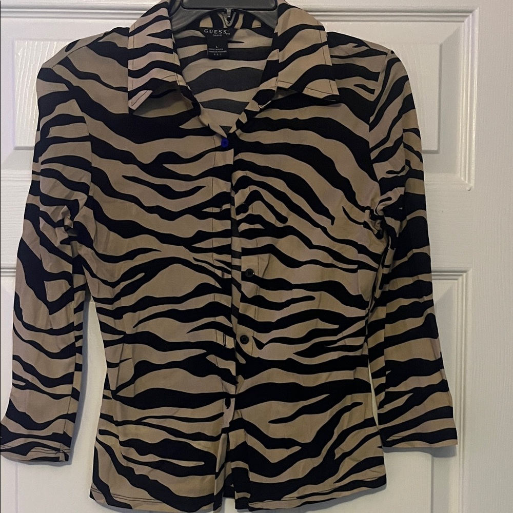 GUESS Women's Zebra Print Button Down Shirt - Black and Tan